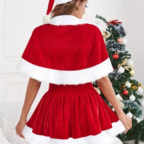 Lingerie de Noël femme – ensemble nuisette rouge avec cape en fourrure blanche