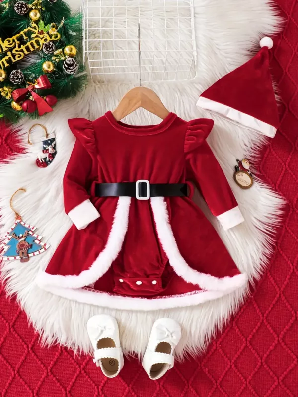 Robe bébé Noël en peluche chaude avec manches longues et bonnet assorti