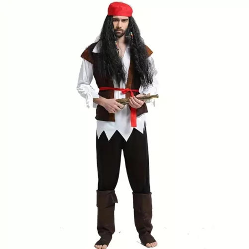 Déguisement pirate adulte style Jack Sparrow – chemise, gilet et ceinture