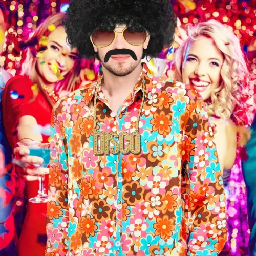 Déguisement disco homme années 70 avec costume, perruque, barbe et accessoires