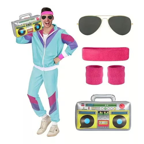 Déguisement rétro années 80 – combinaison de sport fluo avec accessoires fête