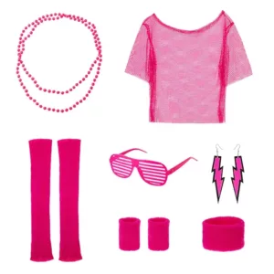 Déguisement femme années 80 – haut néon en maille style rétro avec accessoires