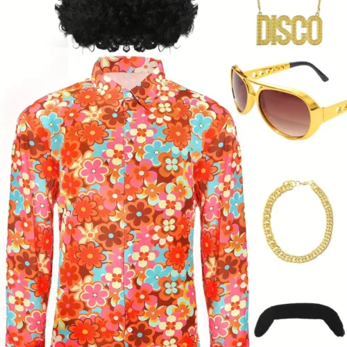 Déguisement disco homme années 70 avec costume, perruque, barbe et accessoires