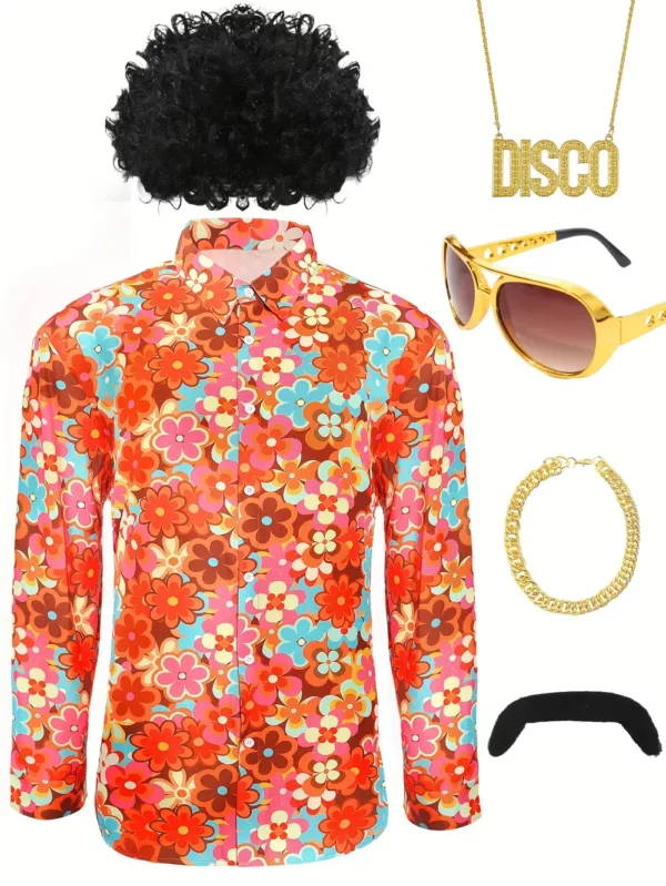 Déguisement disco homme années 70 avec costume, perruque, barbe et accessoires