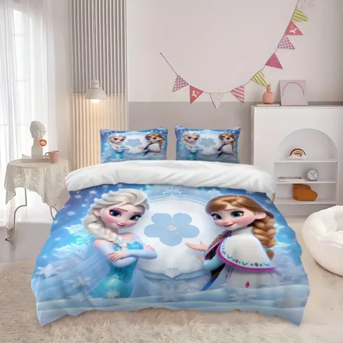 Parure de lit 3 pièces motif Reine des Neiges – housse douce + 2 taies