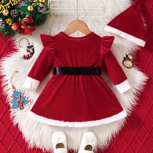 Robe bébé Noël en peluche chaude avec manches longues et bonnet assorti