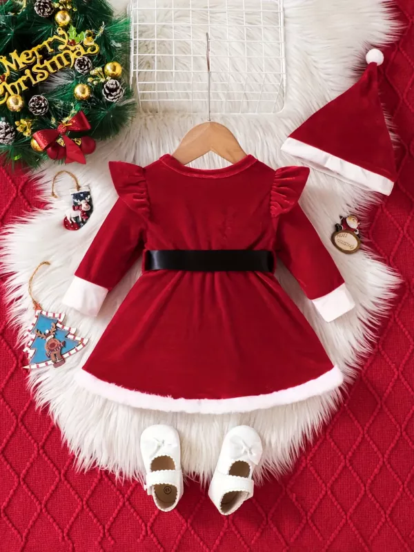 Robe bébé Noël en peluche chaude avec manches longues et bonnet assorti