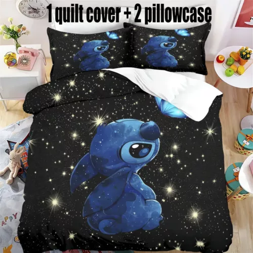 Parure de lit Stitch 3 pièces en polyester doux avec taies et housse zippée