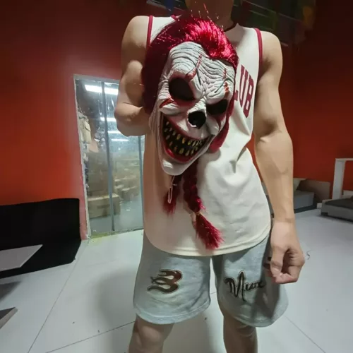 Masque de clown réaliste avec cheveux ondulés – latex effrayant pour Halloween