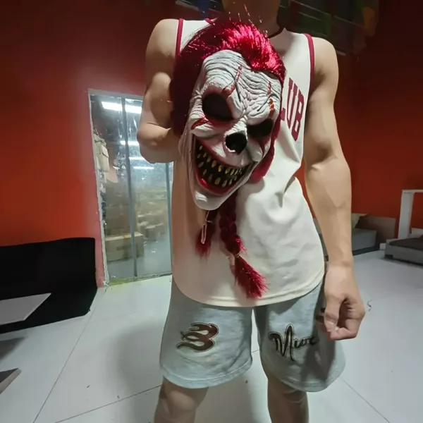 Masque de clown réaliste avec cheveux ondulés – latex effrayant pour Halloween