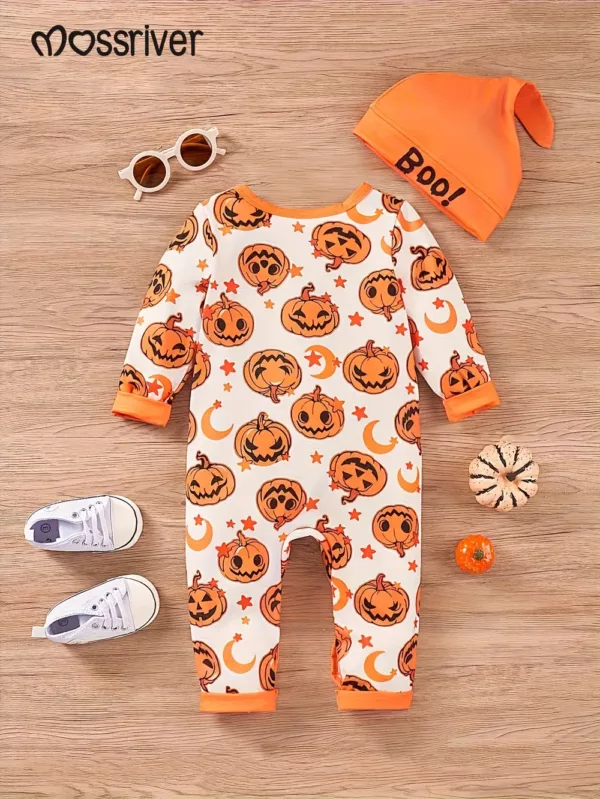 Barboteuse bébé Halloween – body manches longues motif citrouille et étoiles