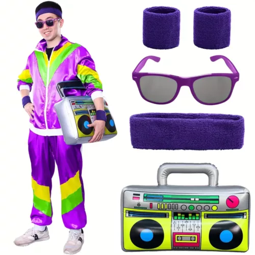 Déguisement rétro années 80 – survêtement vintage hip-hop avec accessoires gonflables