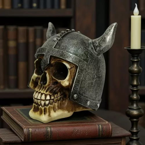 Sculpture crâne viking décoratif – design casque à cornes style médiéval