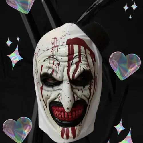 Masque de clown effrayant avec capuche – visage sanglant et yeux noirs