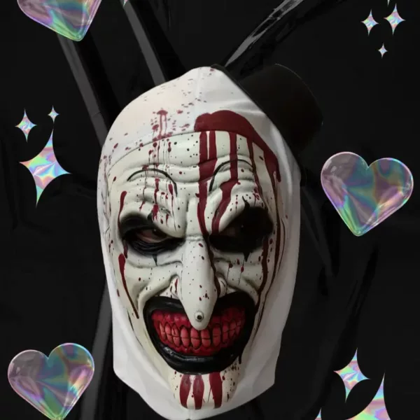 Masque de clown effrayant avec capuche – visage sanglant et yeux noirs
