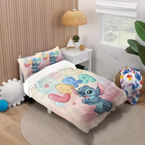 Parure de lit 3 pièces Lilo & Stitch - housse de couette douce et taies d'oreiller