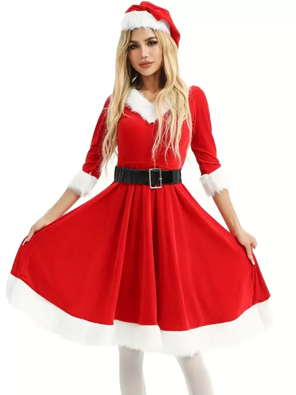 Déguisement de Noël femme – robe cape ceinture et chapeau assortis festifs