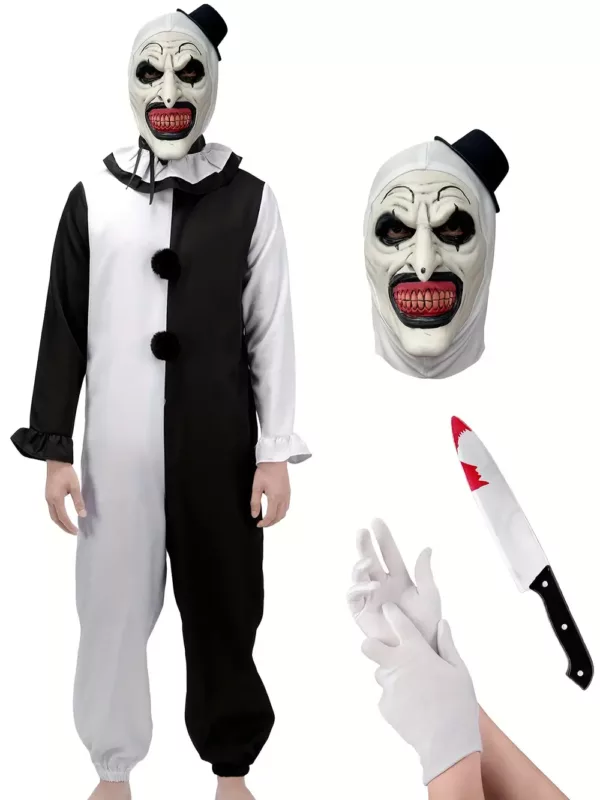 Costume de clown d’horreur pour homme – combinaison zippée avec visage sanglant