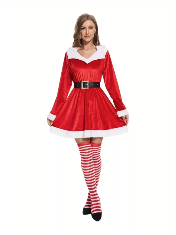 Robe de Noël femme à capuche style cosplay – velours rouge avec fausse fourrure