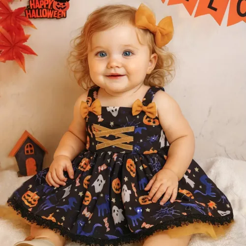 Robe bébé fille Halloween – citrouille imprimée avec chapeau de sorcière assorti