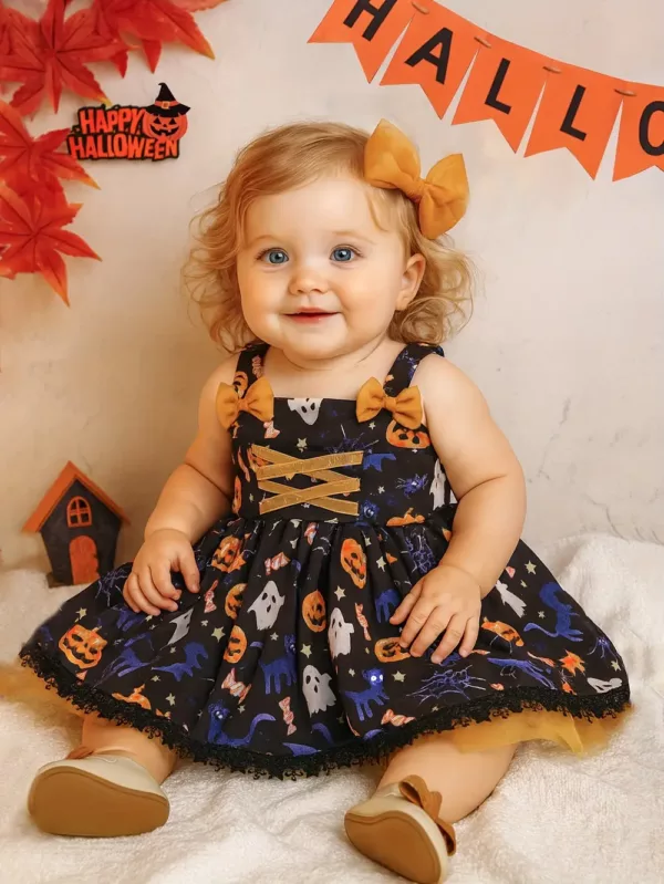 Robe bébé fille Halloween – citrouille imprimée avec chapeau de sorcière assorti