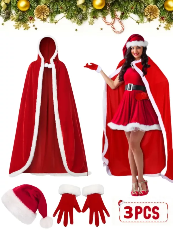 Ensemble accessoires Père Noël femme – cape à capuche, chapeau et gants
