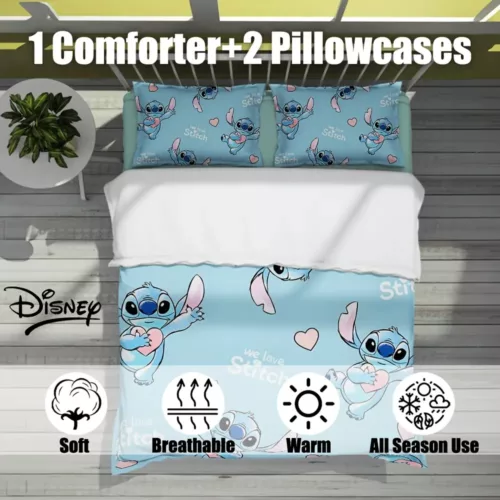 Housse de couette Stitch 3 pièces en polyester doux – thème anime lavable