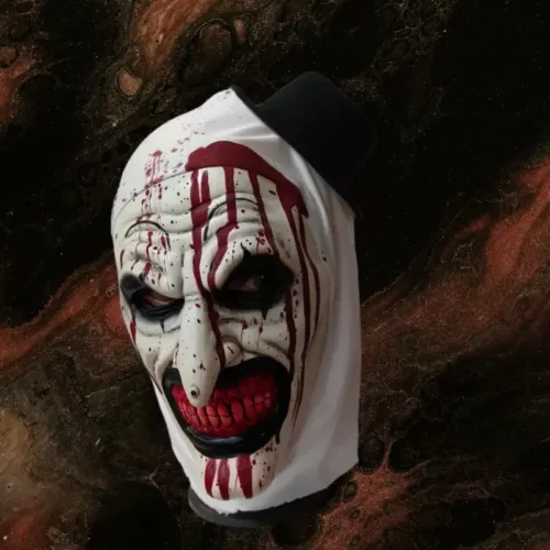 Masque de clown effrayant avec capuche – visage sanglant et yeux noirs