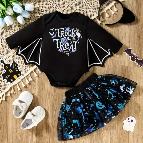 Ensemble Halloween bébé fille 3 pièces – body imprimé, jupe pailletée et bandeau
