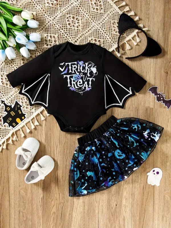 Ensemble Halloween bébé fille 3 pièces – body imprimé, jupe pailletée et bandeau