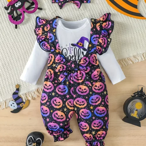 Ensemble 3 pièces bébé fille Halloween – barboteuse, bandeau et combinaison imprimés sorcière et citrouille