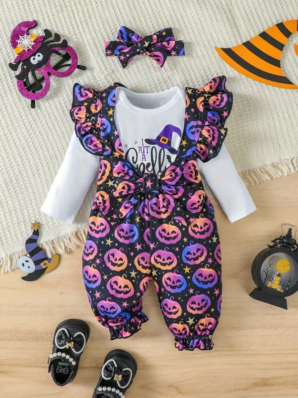 Ensemble 3 pièces bébé fille Halloween – barboteuse, bandeau et combinaison imprimés sorcière et citrouille