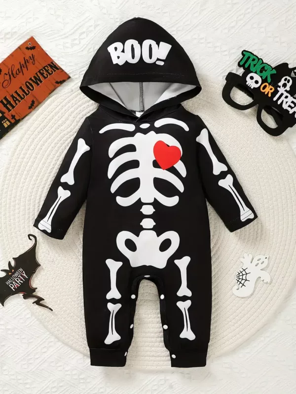Combinaison garçon à capuche avec imprimé crâne mignon – manches longues coton