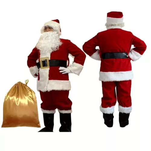 Costume Père Noël velours bordeaux – ensemble 10 pièces élégant et complet