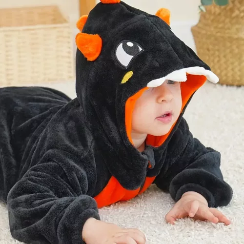 Grenouillère bébé à capuche dinosaure motif citrouille – polaire douce
