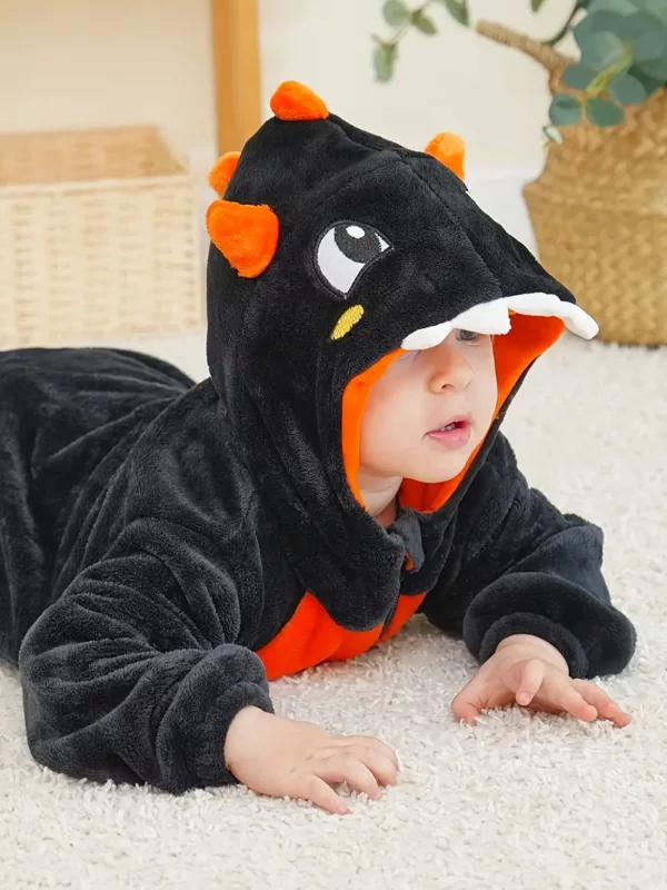 Grenouillère bébé à capuche dinosaure motif citrouille – polaire douce