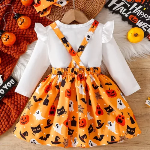 Tenue Halloween bébé fille – body citrouille avec jupe en tulle et foulard assorti