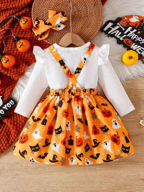 Tenue Halloween bébé fille – body citrouille avec jupe en tulle et foulard assorti