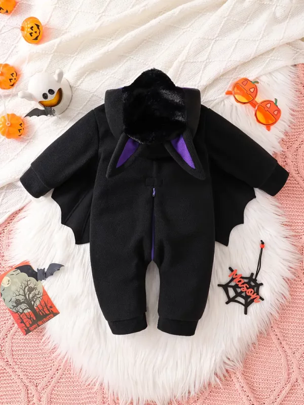 Déguisement chauve-souris enfant en peluche douce avec ailes effet velours noir