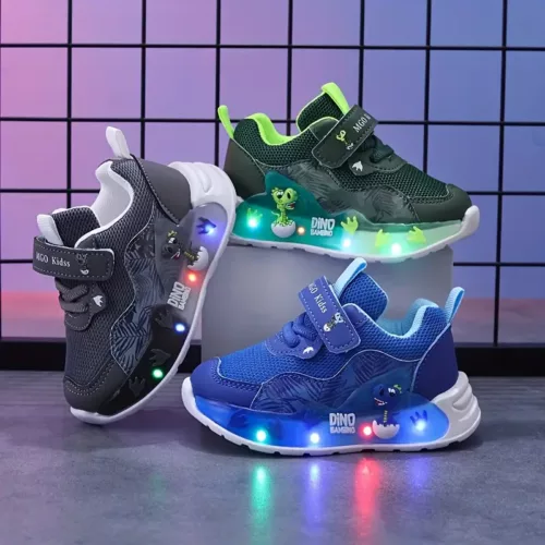 Baskets enfant LED dinosaures – sneakers lumineux garçon fille antichoc