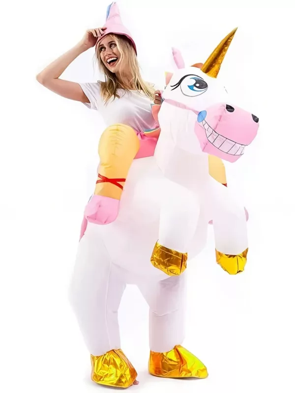 Costume licorne gonflable femme avec sabots dorés – idéal Halloween et fêtes