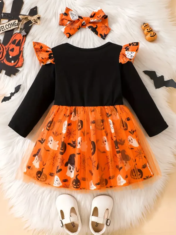 Robe bébé Halloween à manches longues – tissu doux motif citrouille confortable