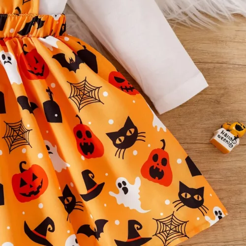 Tenue Halloween bébé fille – body citrouille avec jupe en tulle et foulard assorti