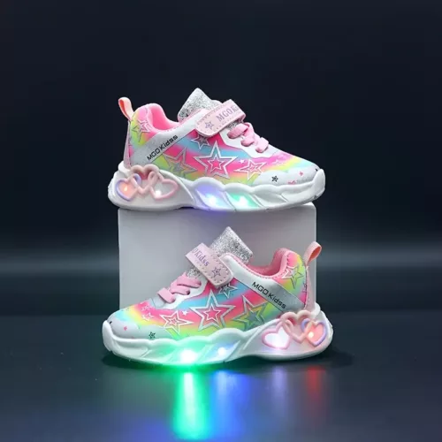 Baskets LED fille à paillettes – motifs étoiles et cœurs, confort respirant