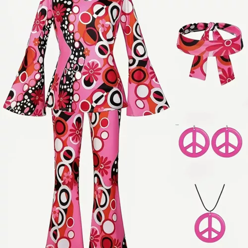 Déguisement hippie rétro 70s pour adulte – ensemble 5 pièces à motif psychédélique