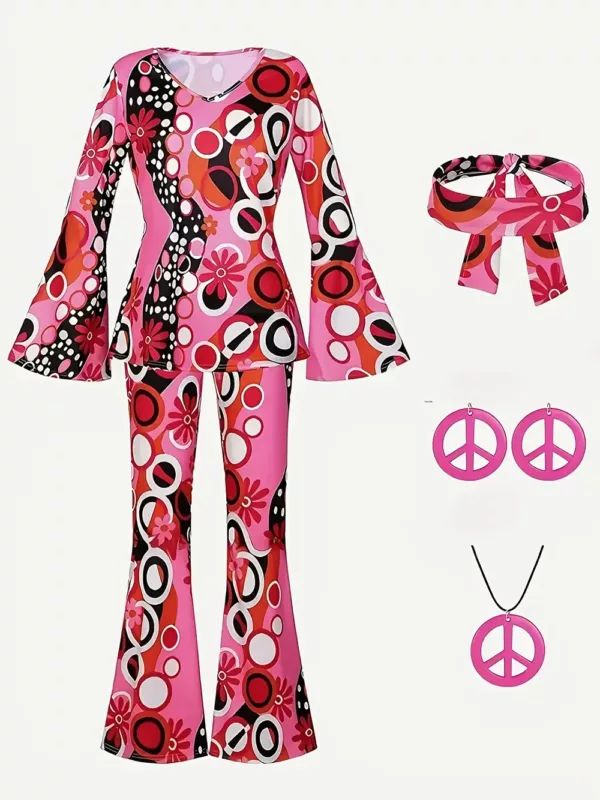 Déguisement hippie rétro 70s pour adulte – ensemble 5 pièces à motif psychédélique