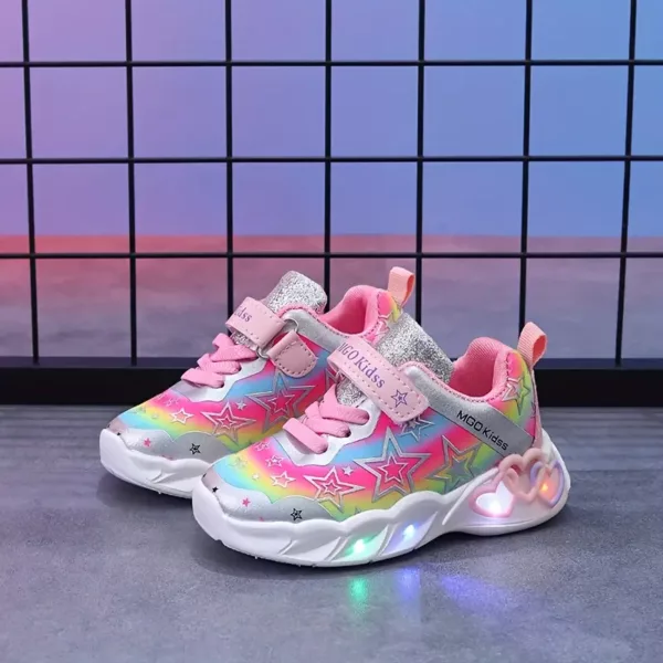 Baskets LED fille à paillettes – motifs étoiles et cœurs, confort respirant
