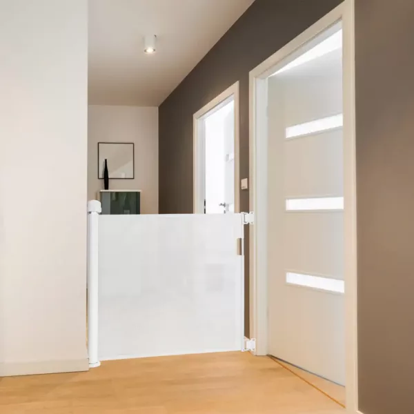 Barrière escalier rétractable en aluminium et PVC – sécurité enfant intérieur/extérieur