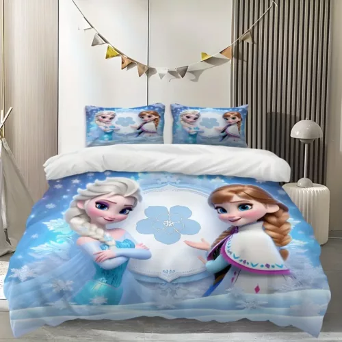 Parure de lit 3 pièces motif Reine des Neiges – housse douce + 2 taies