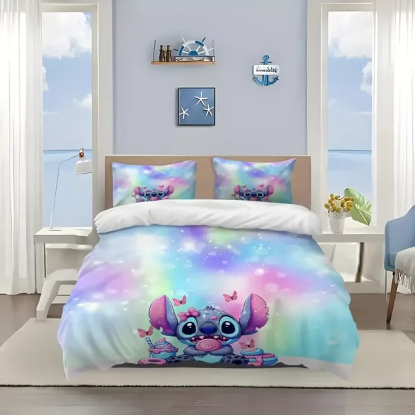 Parure de lit 3 pièces motif Lilo & Stitch – housse de couette et taies d’oreiller